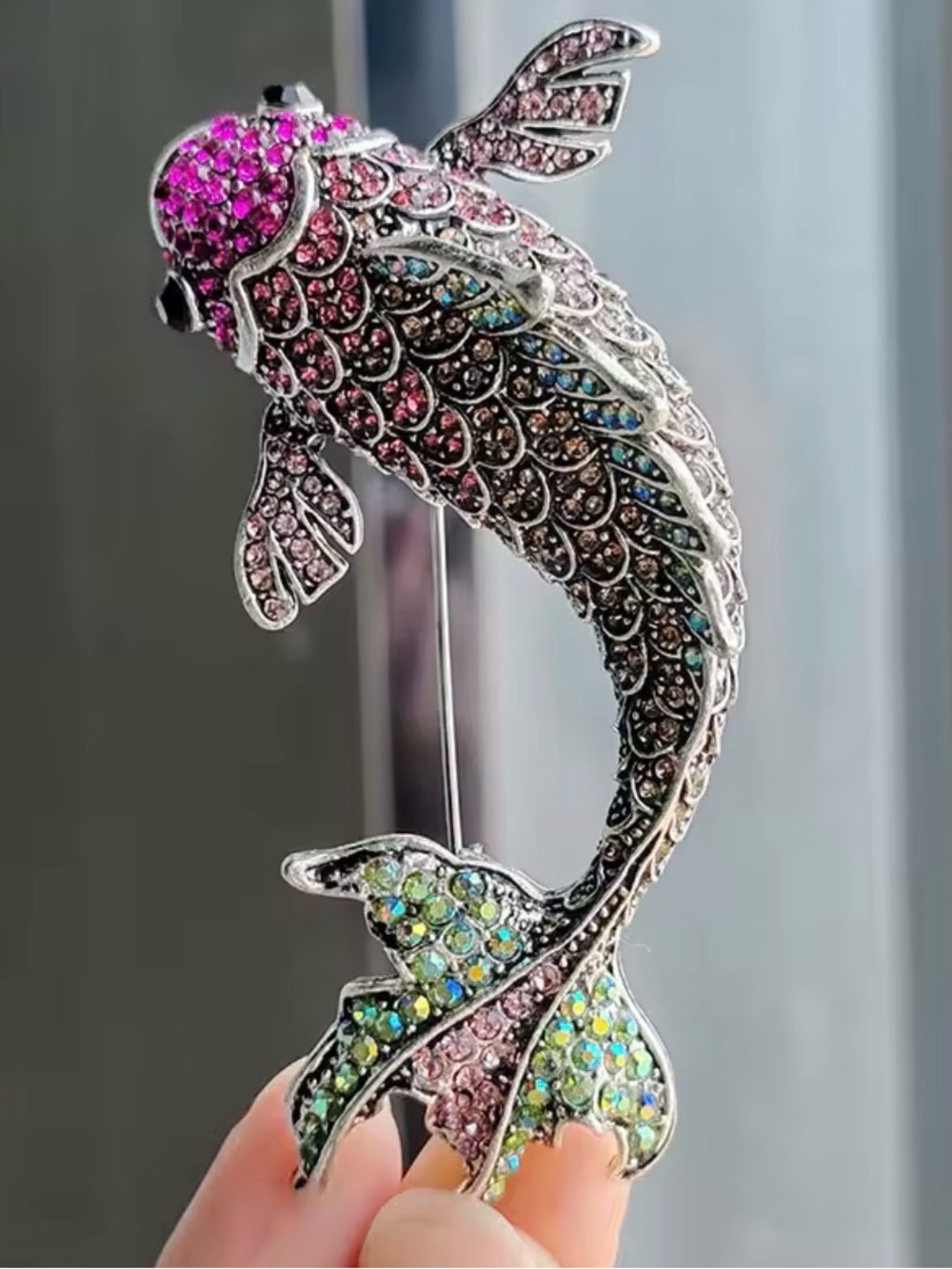 Red Koi Fish Rhinestone Brooch. Vintage 3-Color Carp Fish Brooch
